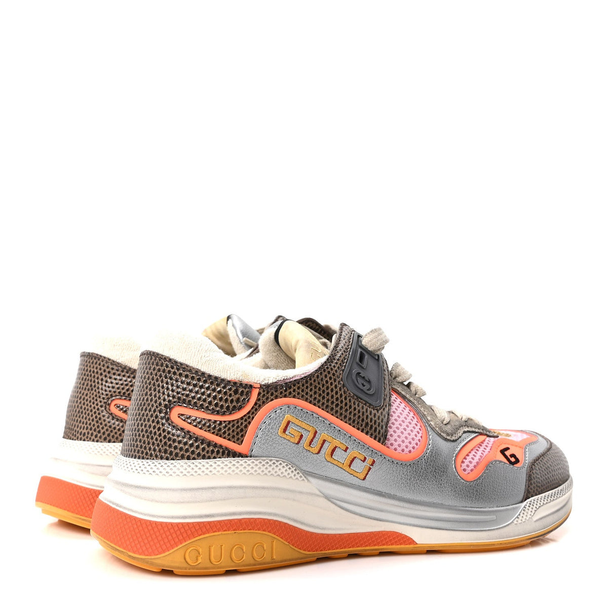 Calfskin Suede Mesh Lizard Embossed Womens Ultrapace Sneakers 37 Silver Anthracite Neon Orange