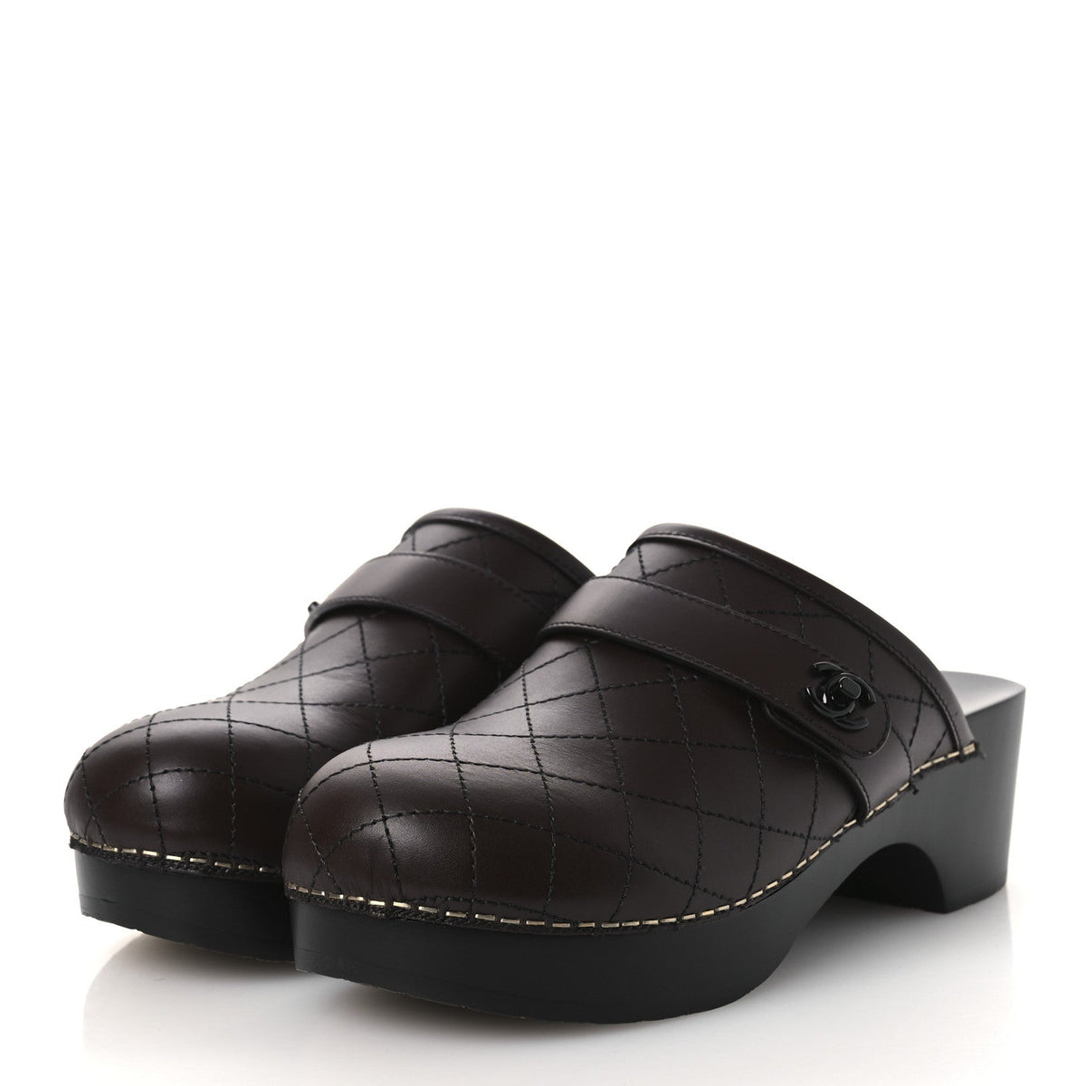 Calfskin CC Turn Lock Clogs 36 Dark Brown