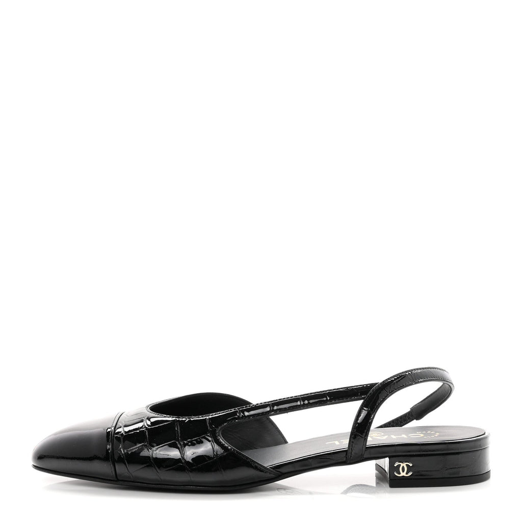 Crocodile Embossed Patent Calfskin Cap Toe CC Slingbacks 39 Black