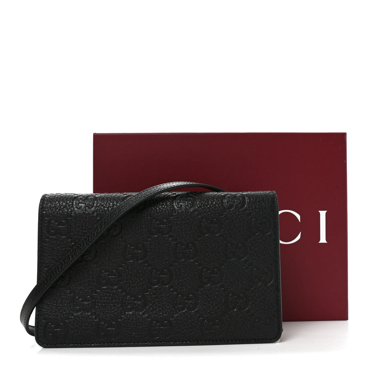 GG Grainy Calfskin Emblem Wallet On Chain Black
