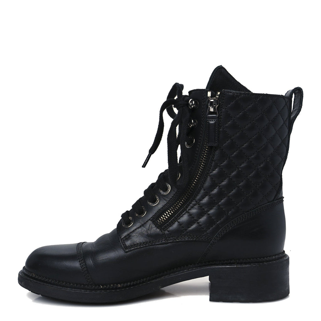 Calfskin Quilted Lace Up Combat Boots 39 Black
