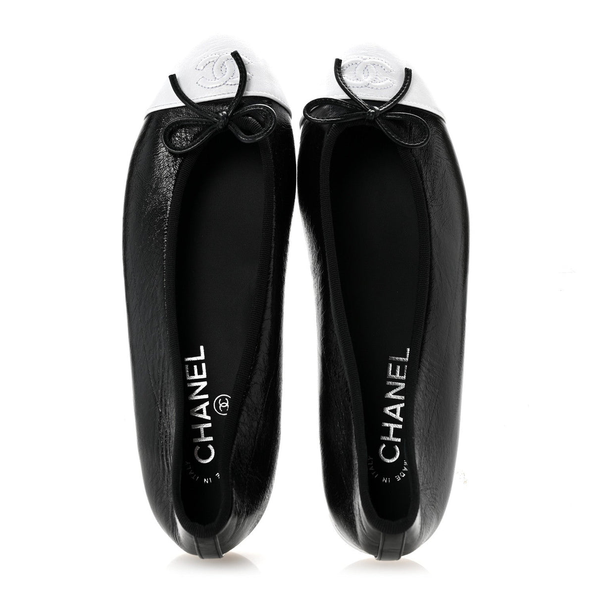 Crumpled Shiny Lambskin Cap Toe CC Ballerina Flats 39 Black White