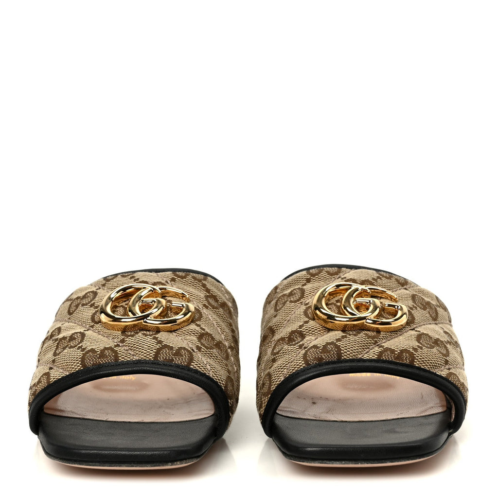 Monogram Matelasse Diagonal GG Marmont Flat Slide Sandals 35 Beige Ebony Black