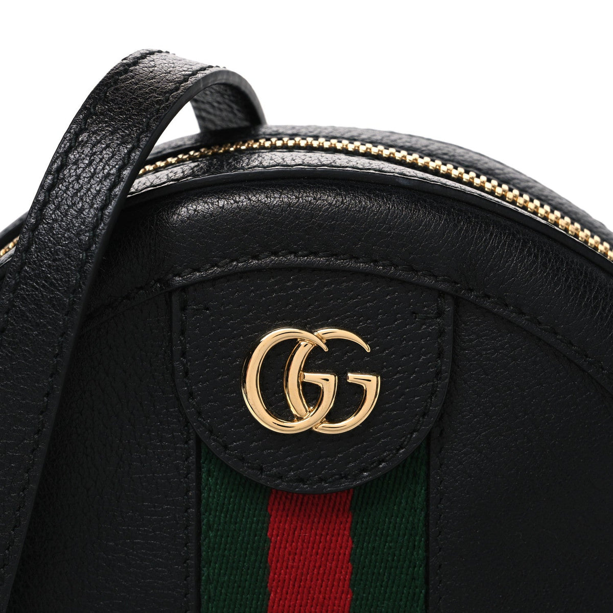 Grained Calfskin Web Mini Ophidia Round Shoulder Bag Black