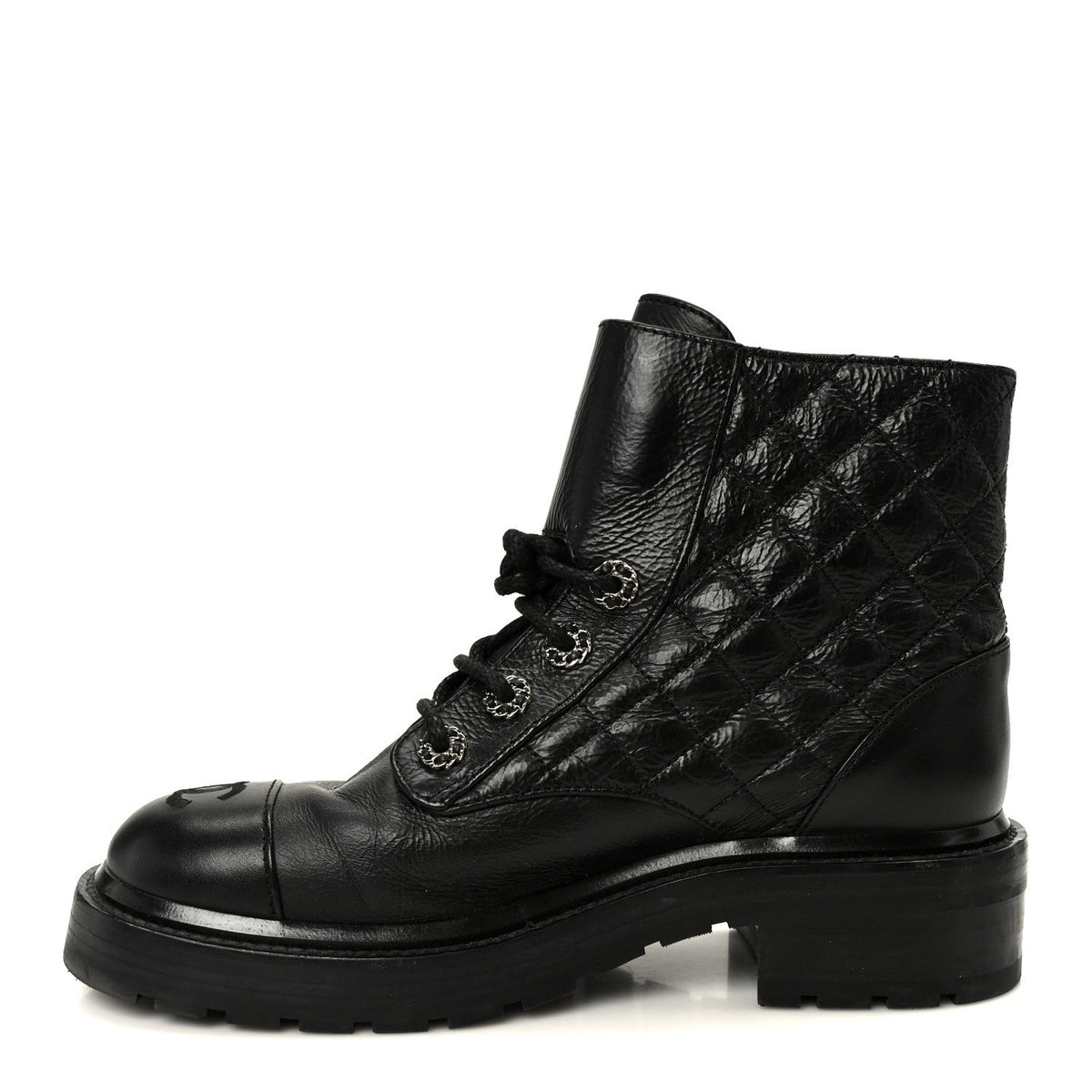 Shiny Goatskin Calfskin Quilted Lace Up Combat Boots 37.5 Black