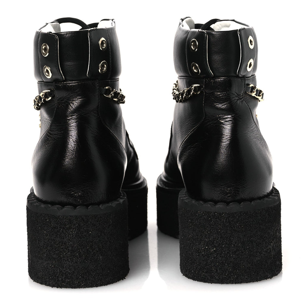 Calfskin Shiny Calfskin Chain Lace Up CC Short Boots 38.5 Black