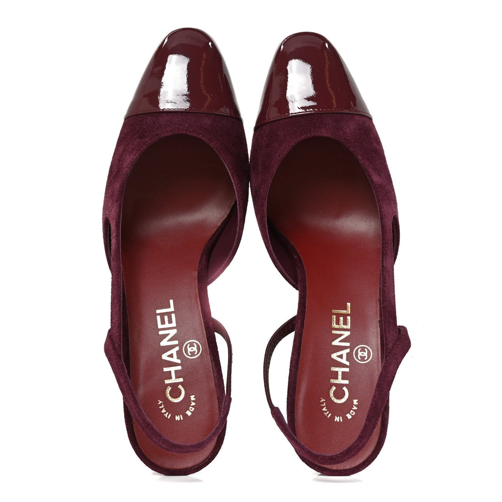 Suede Patent Cap Toe CC Slingback Pumps 37 Burgundy