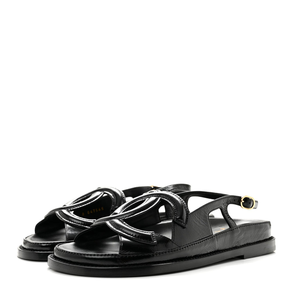 Shiny Crumpled Lambskin CC Cut Out Sandals 37 Black