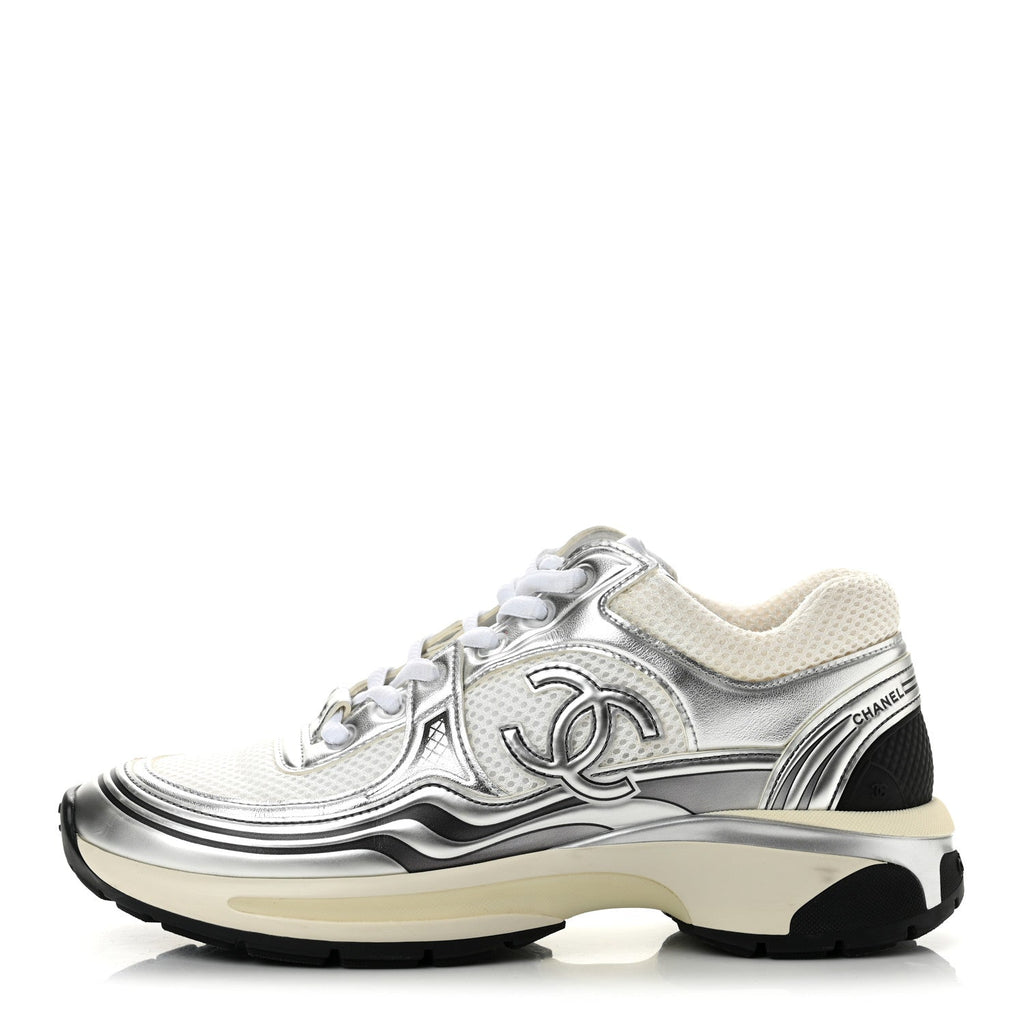 Fabric Laminated Calfskin Stretch CC Sneakers 37.5 White Silver