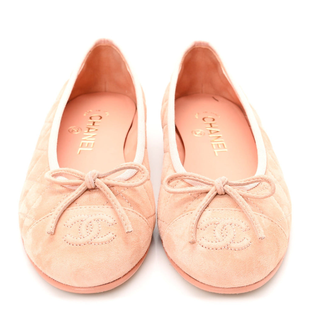Suede Calfskin Quilted Cap Toe CC Ballerina Flats 36 Pink