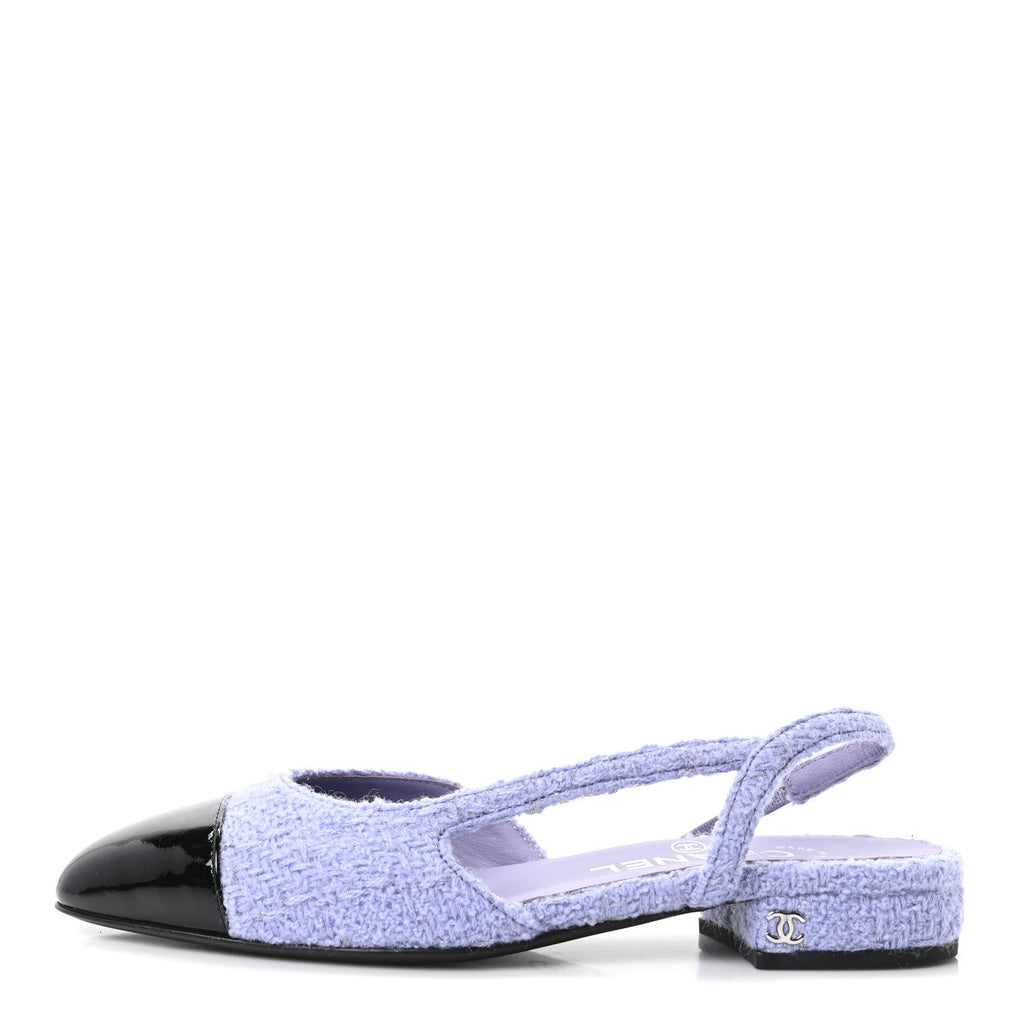 Iridescent Wool Tweed Patent Cap Toe CC Slingback Flats 36 Light Purple Silver Black
