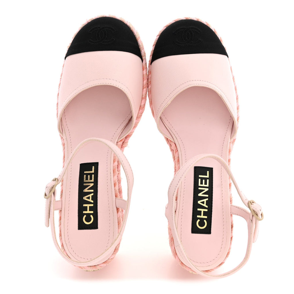 Lambskin Grosgrain CC Espadrilles Wedges 38 Pink Black