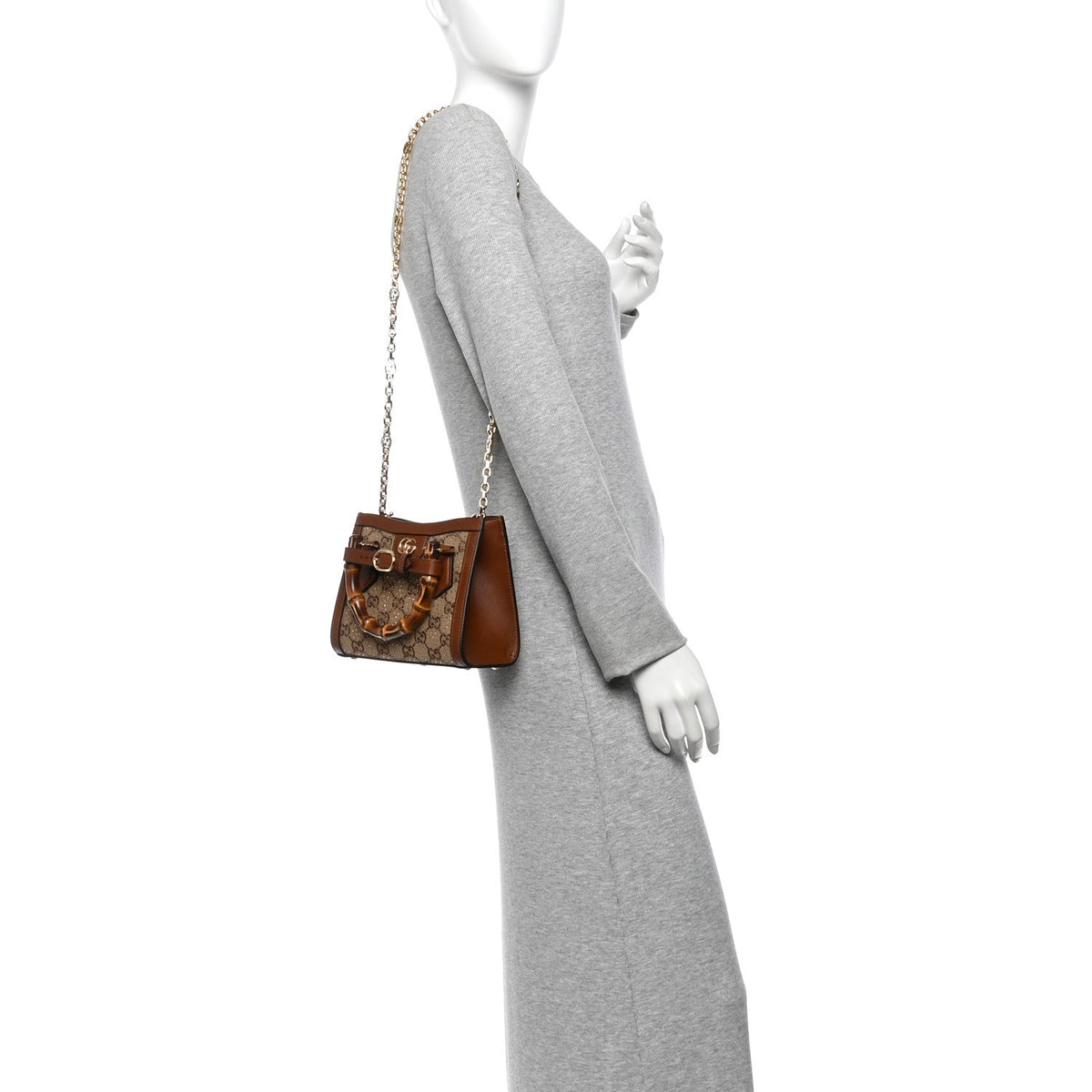 New Canvas Charisma Calfskin Crystal GG Monogram Mini Diana Tote Bag Camel Ebony
