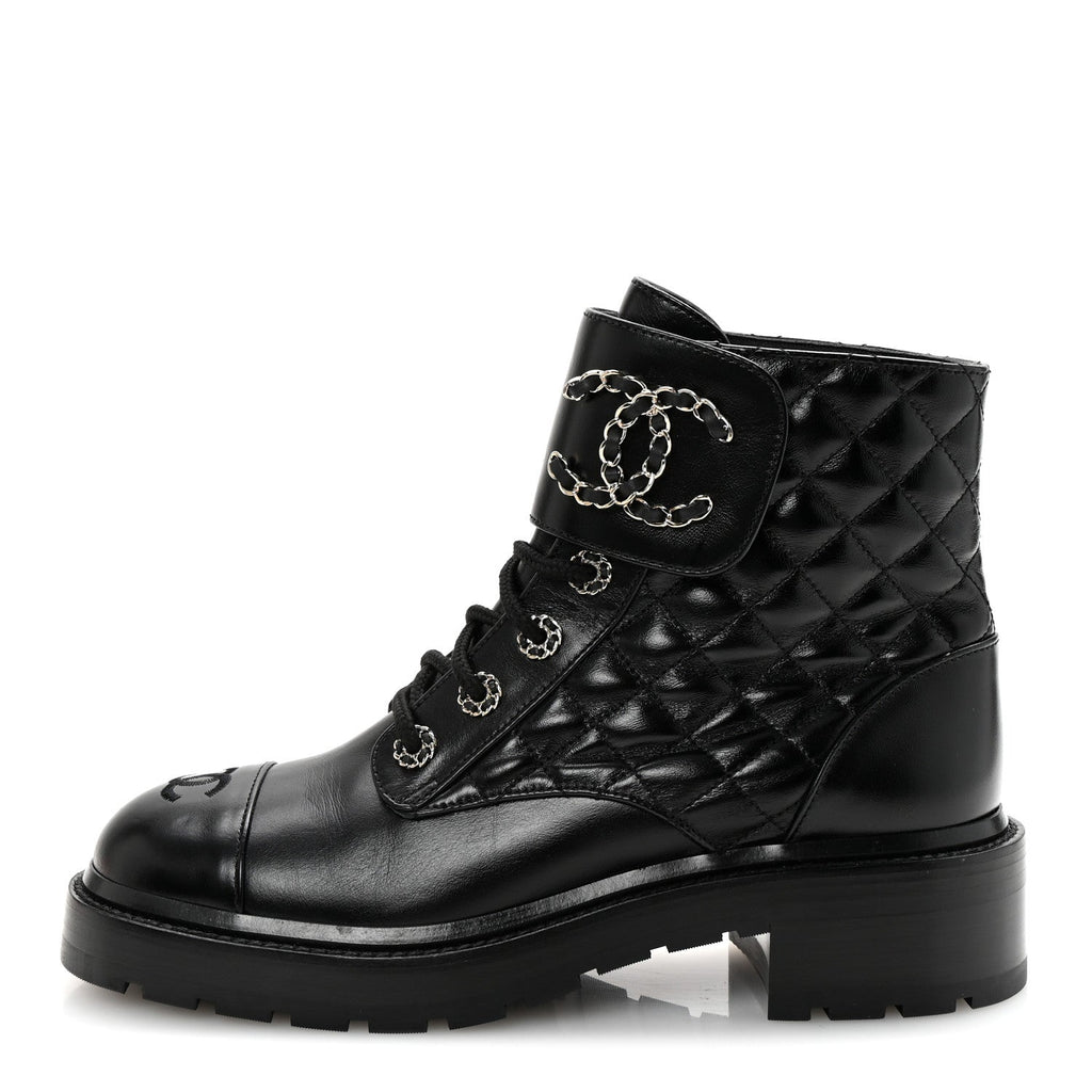 Shiny Lambskin Quilted Lace Up Combat Boots 39 Black