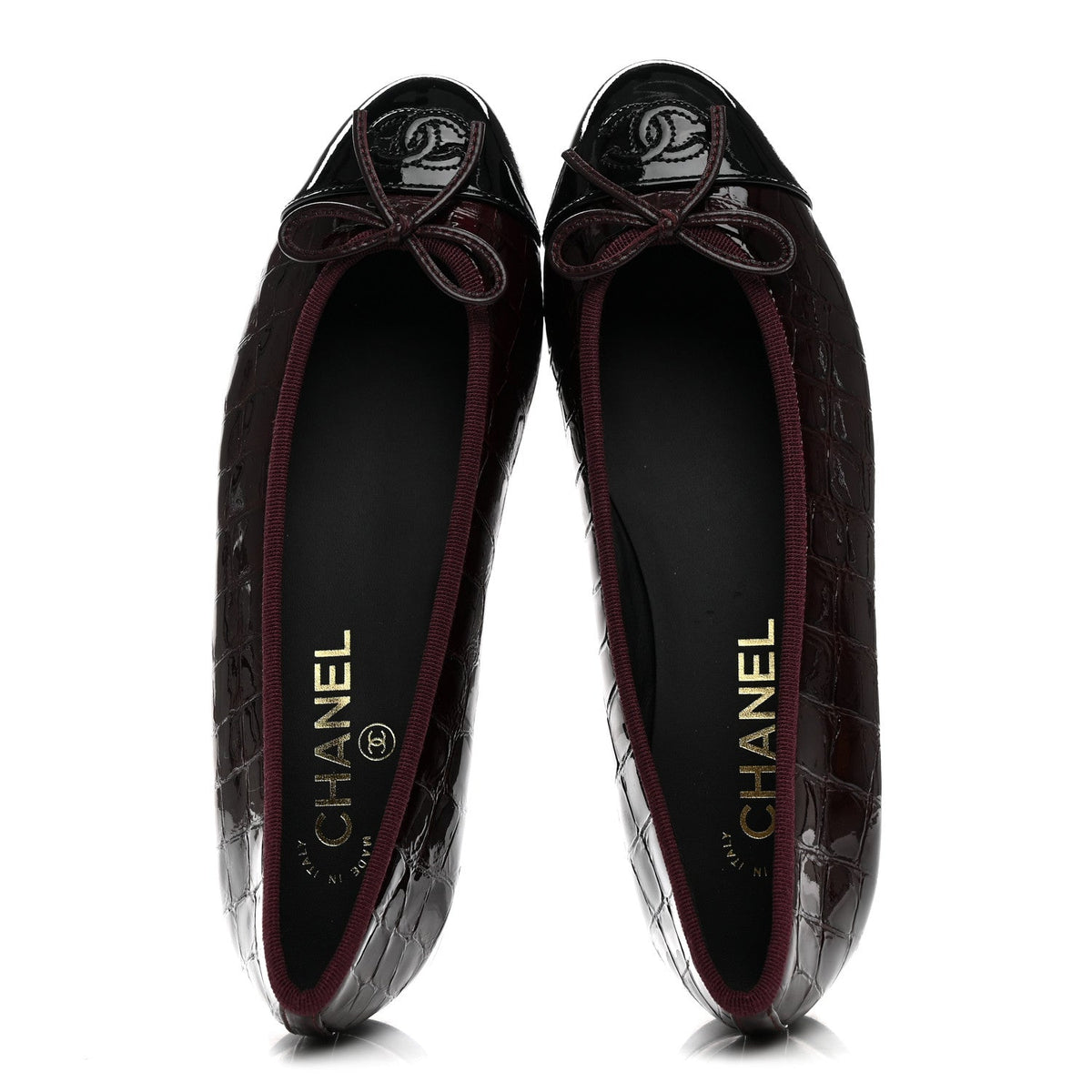Patent Calfskin Crocodile Embossed Ballerina Flats 37.5 Dark Burgundy Black