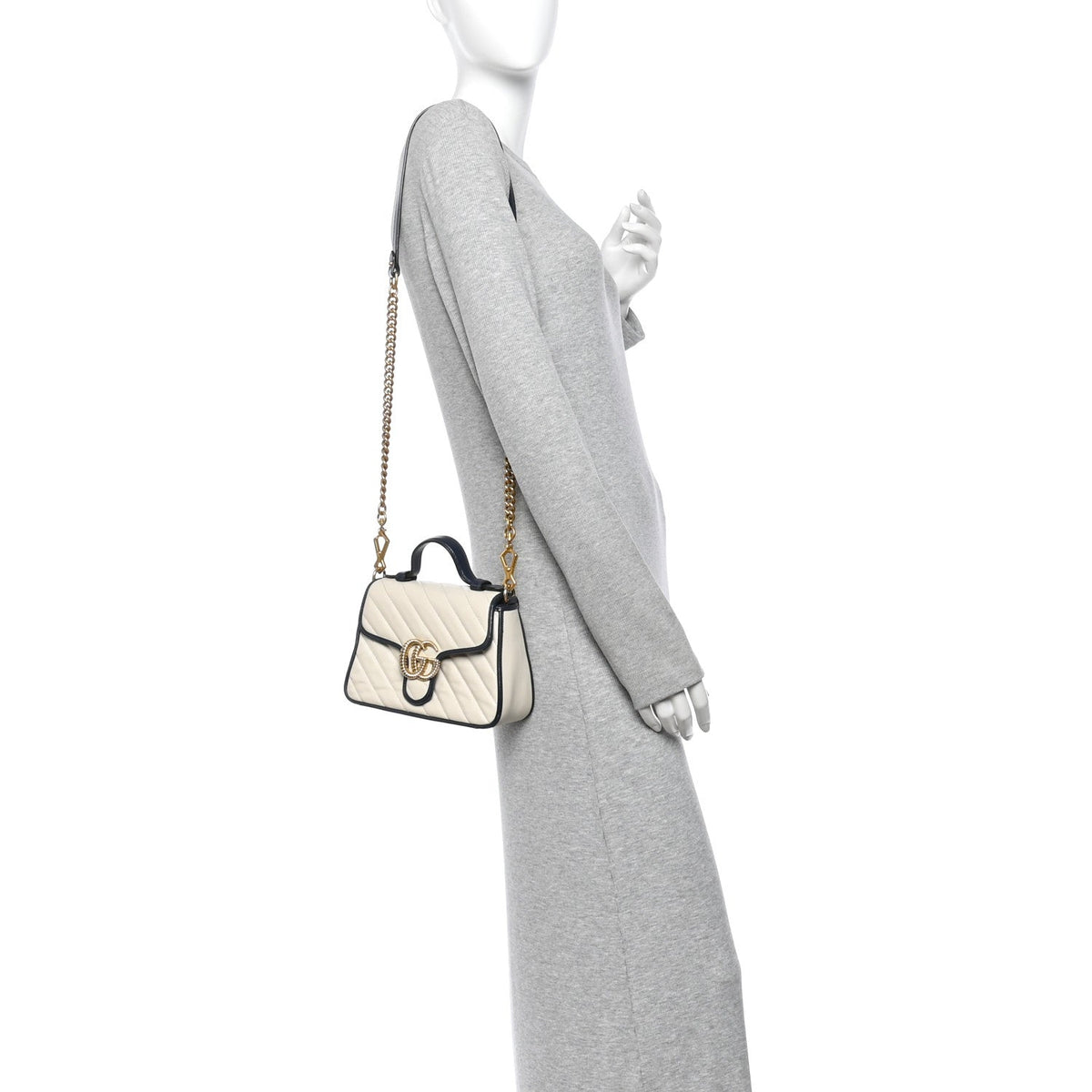 Vintage Effect Calfskin Matelasse Diagonal Mini Torchon GG Marmont Top Handle Shoulder Bag Mystic White Blue Agata