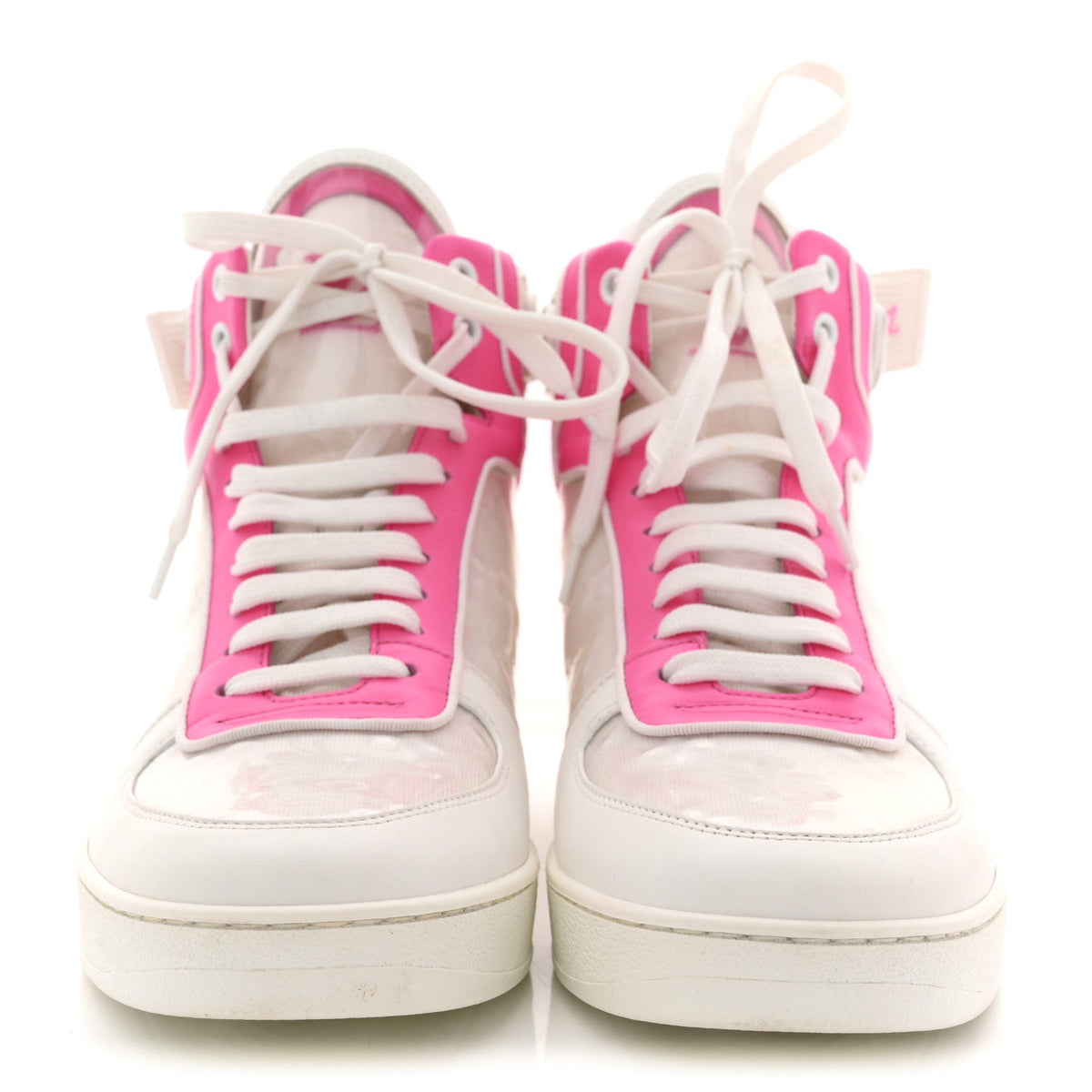 Calfskin Nylon Mesh Monogram Womens Boombox High Top Sneakers 39 White Pink
