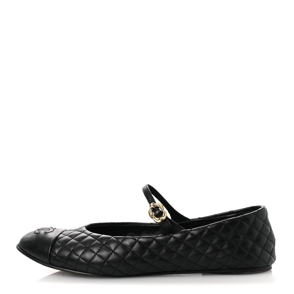 Lambskin Quilted Mary Jane Flats 38.5 Black