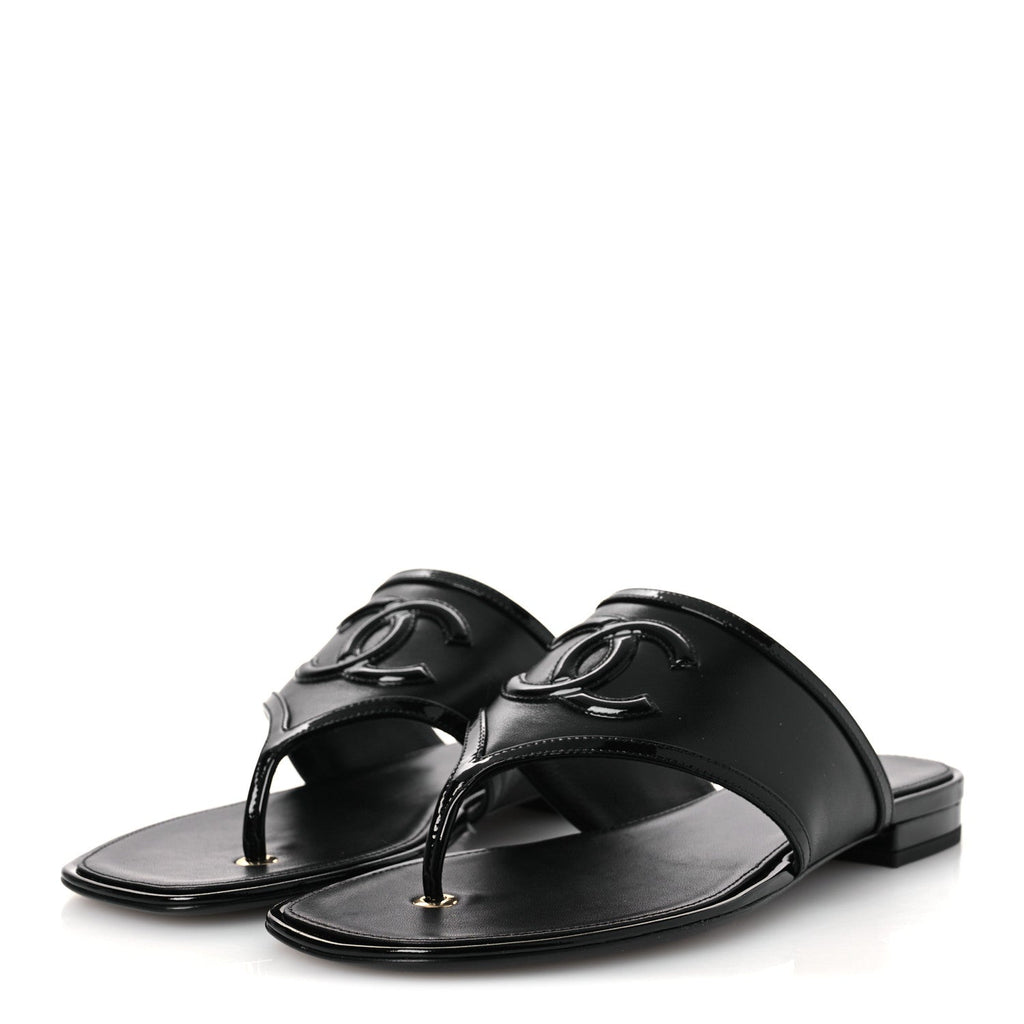 Lambskin Patent Calfskin CC Thong Sandals 39 Black