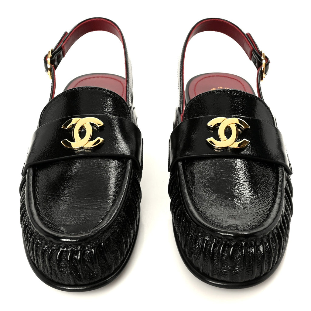 Crumpled Shiny Lambskin CC Slingback Mocassin 38.5 Black