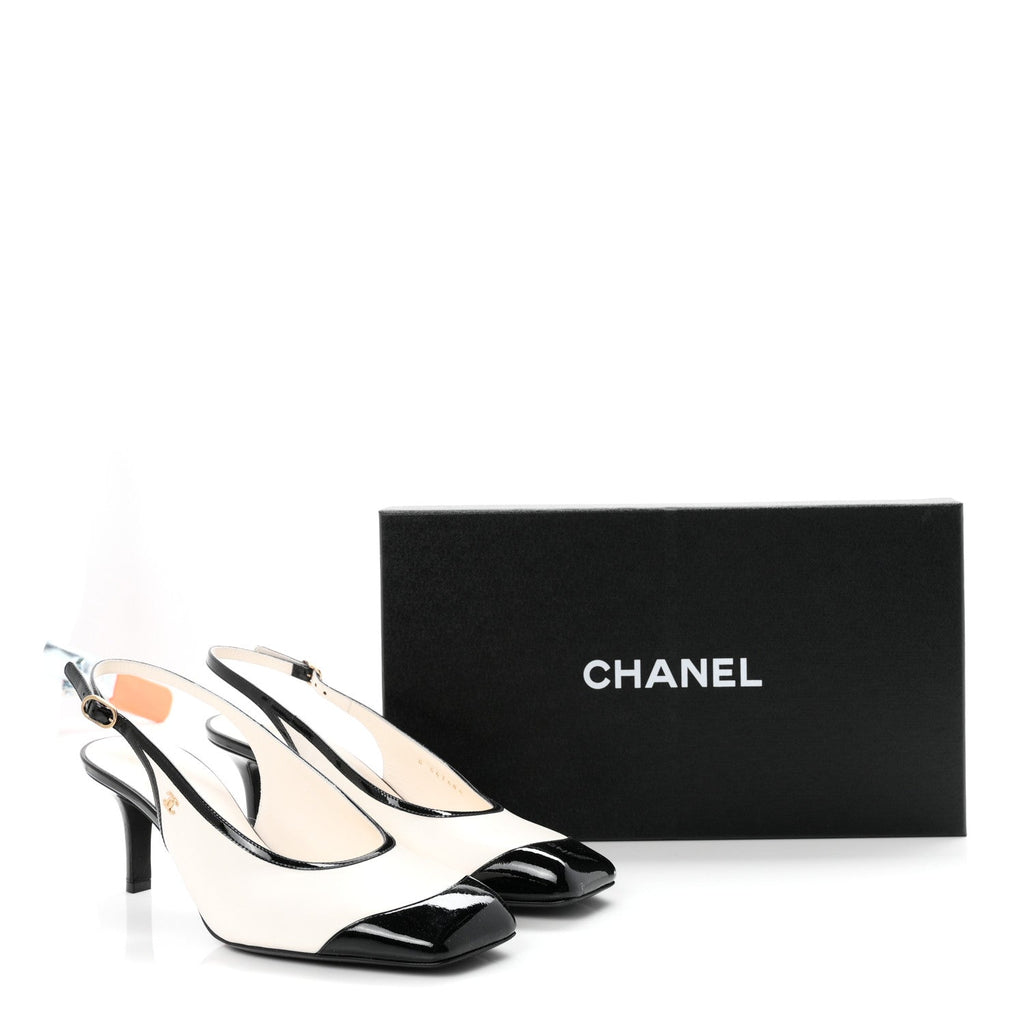 Lambskin Patent Calfskin Cap Toe CC Slingback Pumps 40 White Black
