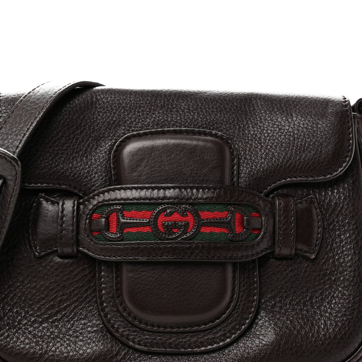Pebbled Calfskin Web Small Dressage Shoulder Bag Dark Brown