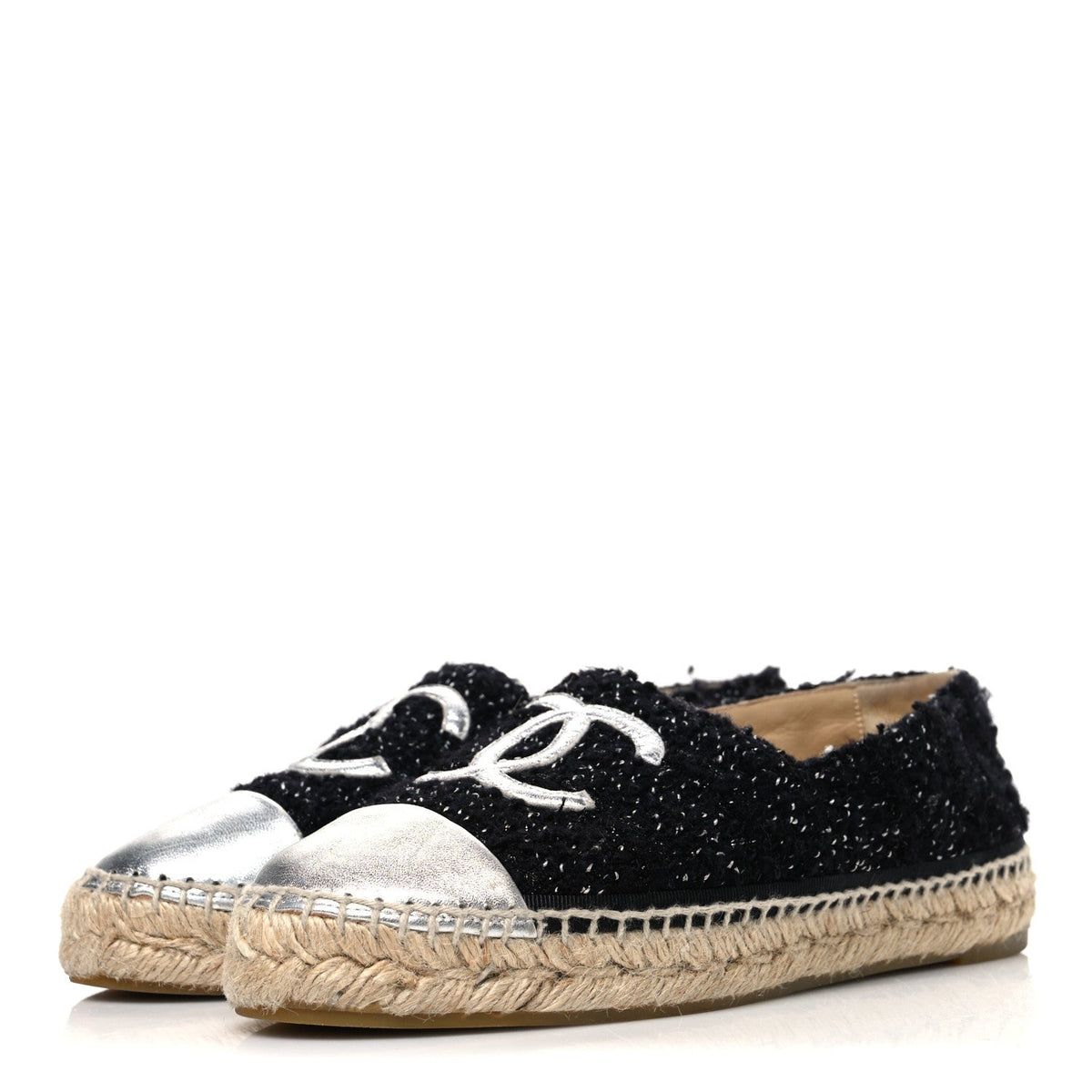 Metallic Lambskin Tweed CC Espadrilles 37 Black Silver