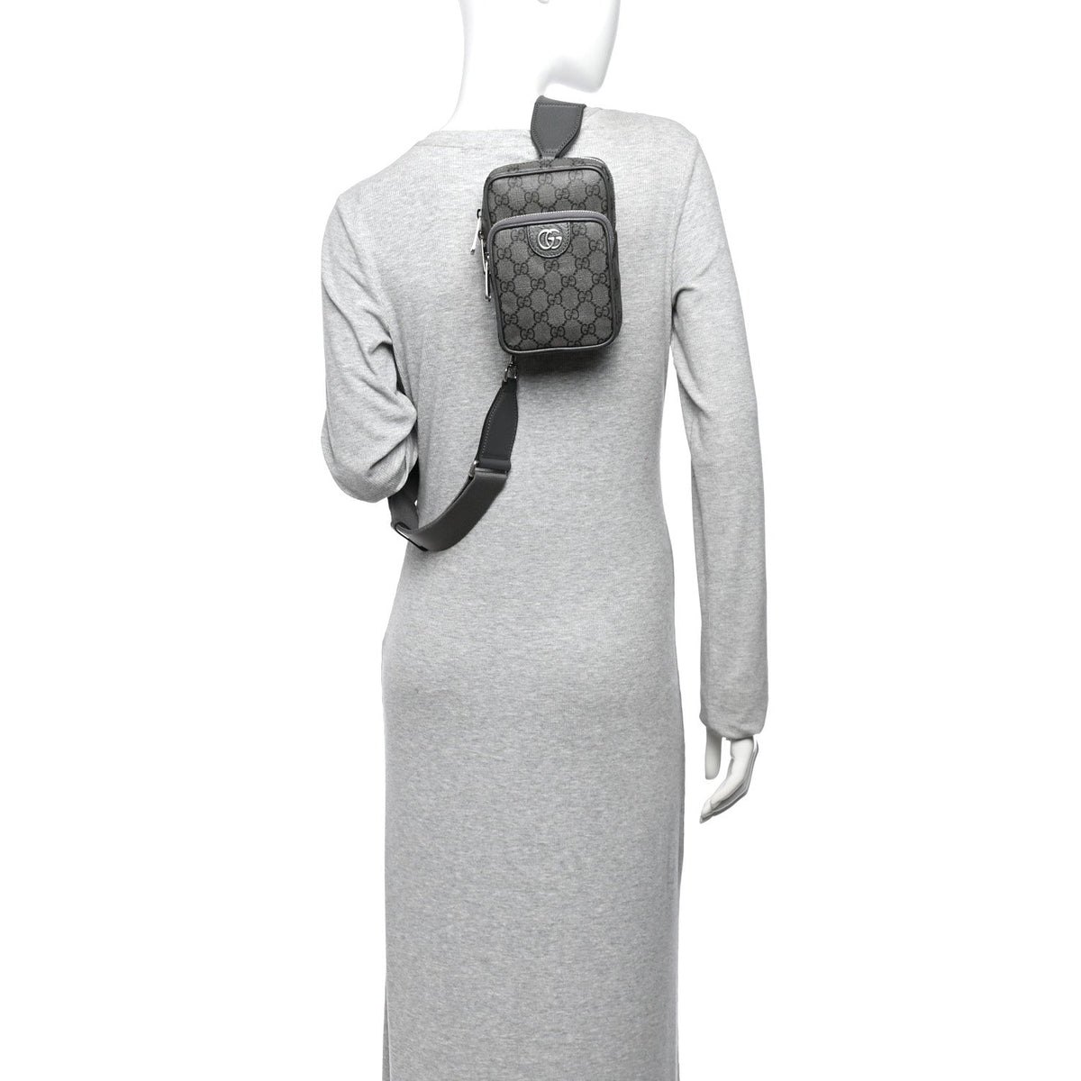 GG Supreme Monogram Textured Dollar Calfskin Mini Ophidia Messenger Grey Black Graphite Grey