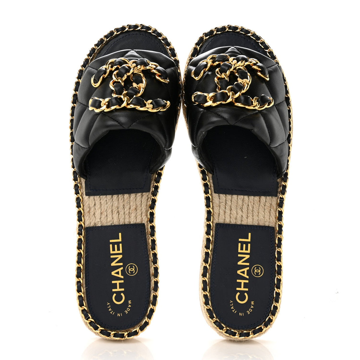 Lambskin Quilted CC Chain Espadrille Mules 38 Black Navy