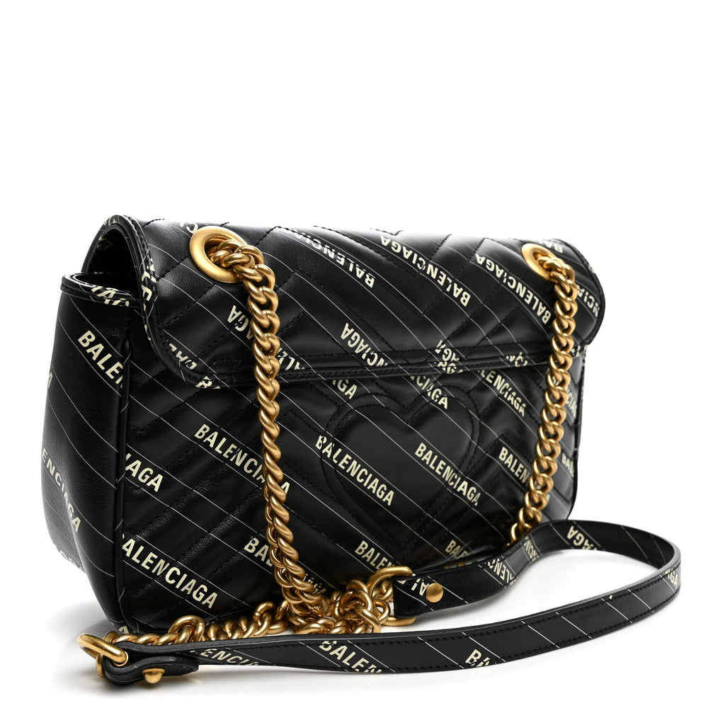 X BALENCIAGA Calfskin Matelasse Logo Print Small GG Marmont Shoulder Bag Black