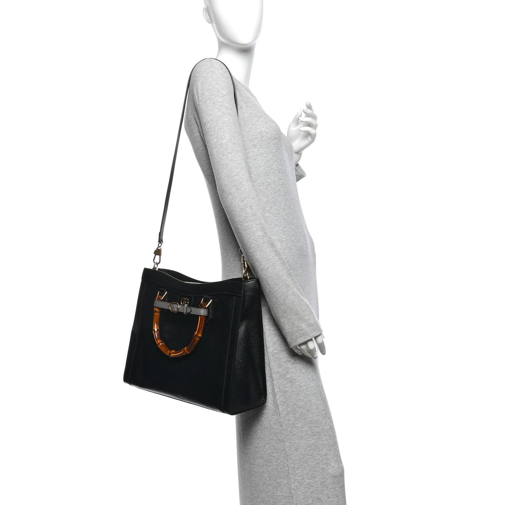 Textured Dollar Calfskin Web Medium Diana Tote Bag Black Dusty Grey