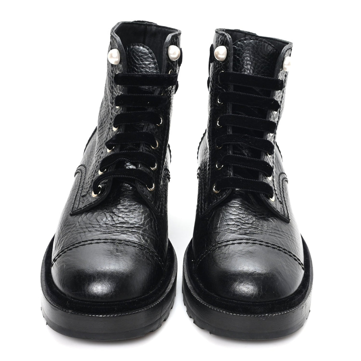 Shiny Calfskin Velvet Pearl Combat Short Boots 37.5 Black