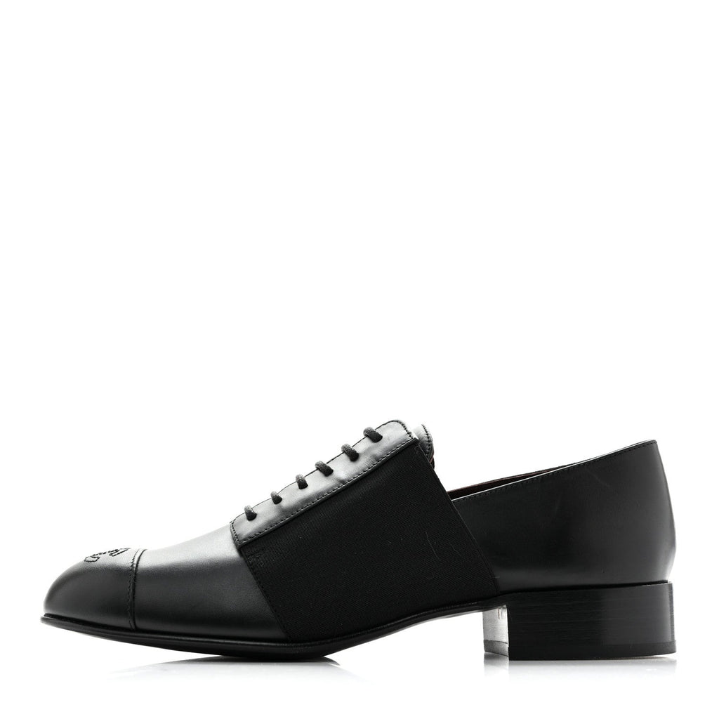 Calfskin Elastic Lace Up Cap Toe CC Loafers 38 Black