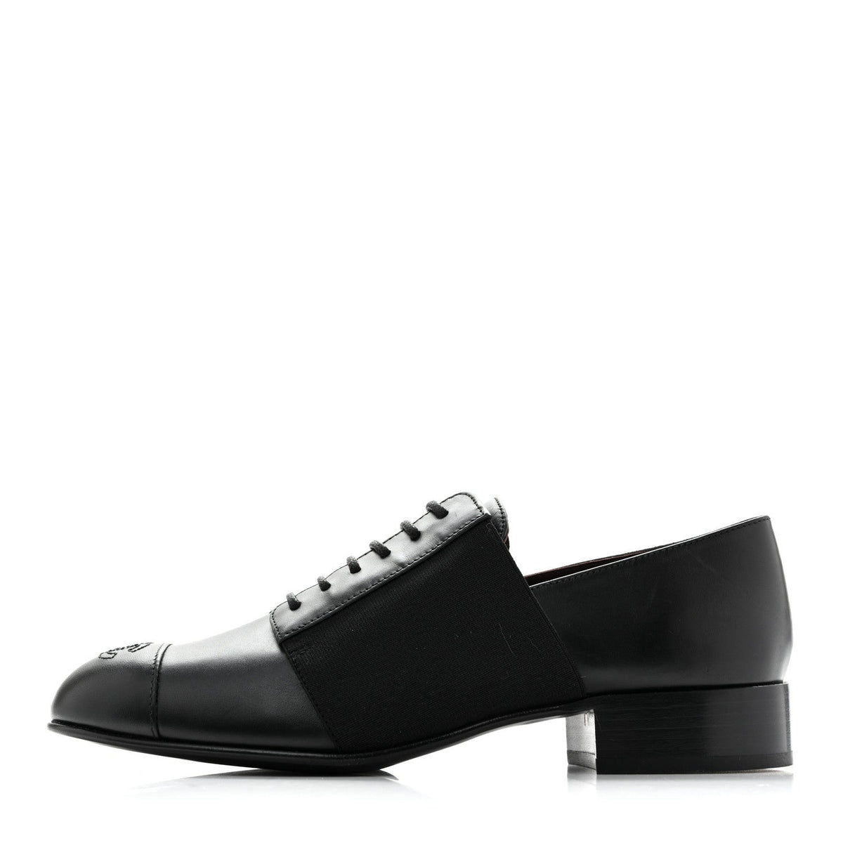 Calfskin Elastic Lace Up Cap Toe CC Loafers 38 Black