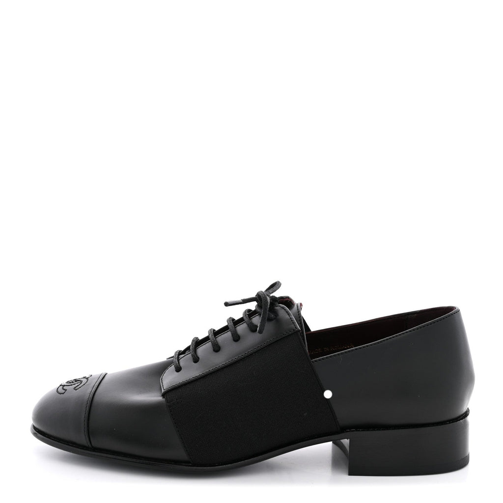 Calfskin Elastic Lace Up Cap Toe CC Loafers 36 Black
