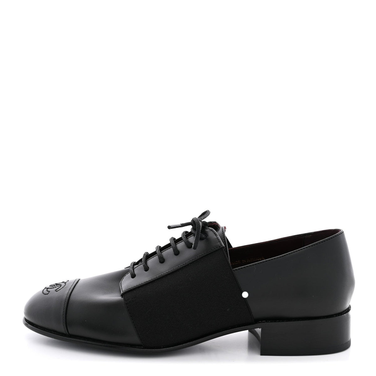 Calfskin Elastic Lace Up Cap Toe CC Loafers 36 Black