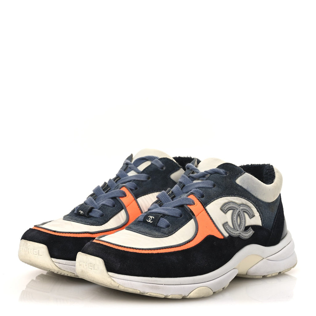 Nylon Calfskin Suede CC Womens Sneakers 35.5 Navy White Orange Black