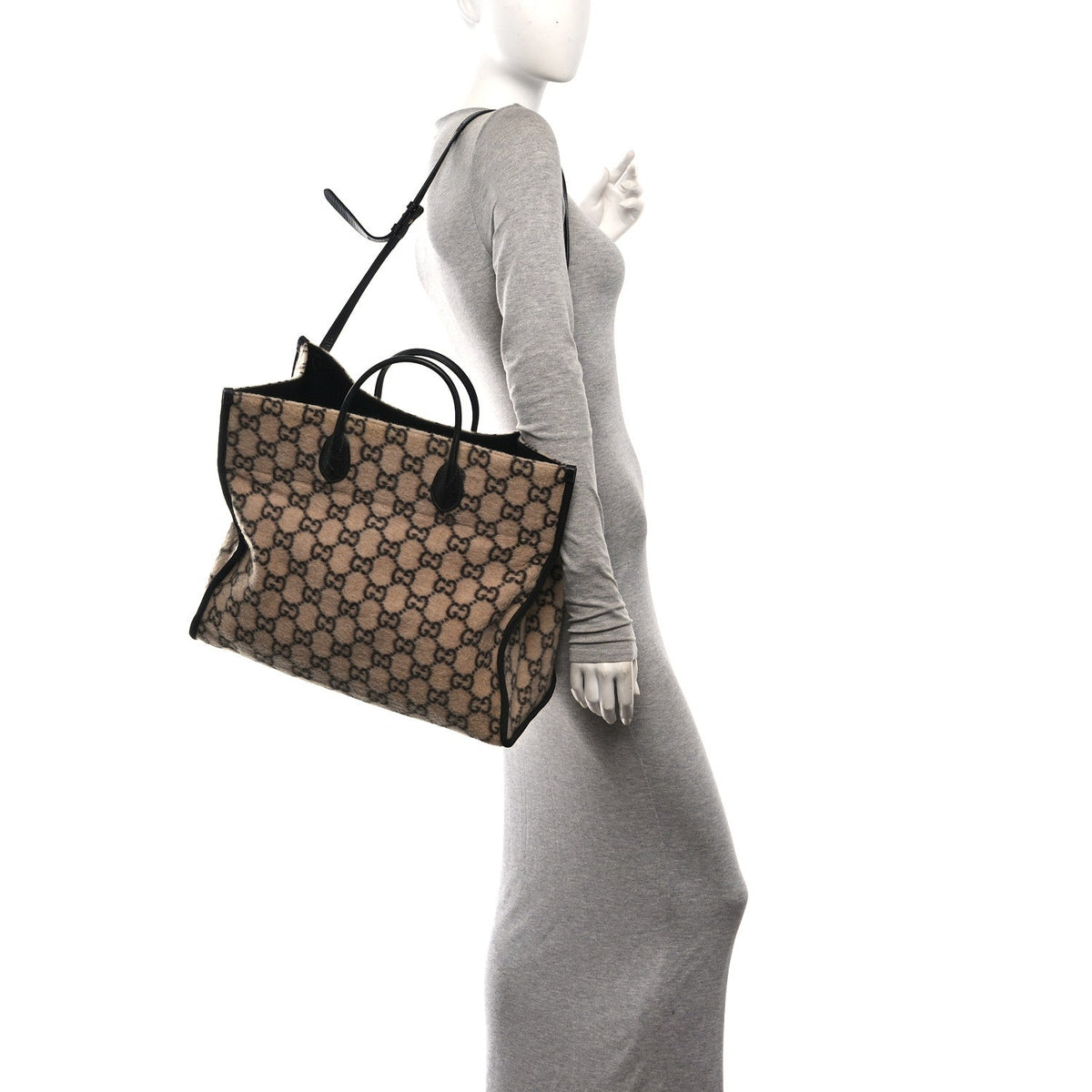 Covered Wool GG Monogram Large Tote Bag Beige Ebony