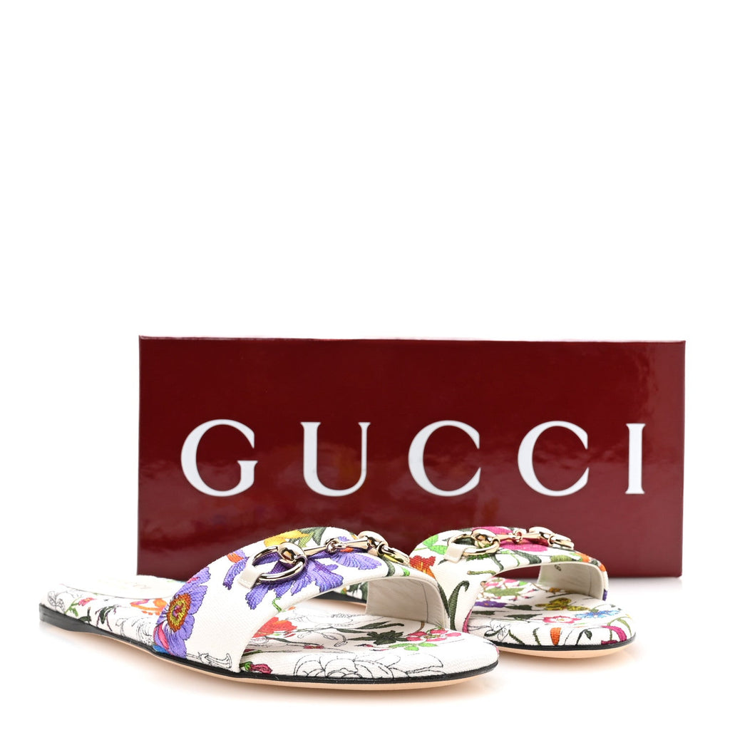 Canvas Flora Print Horsebit Slide Sandals 37 White