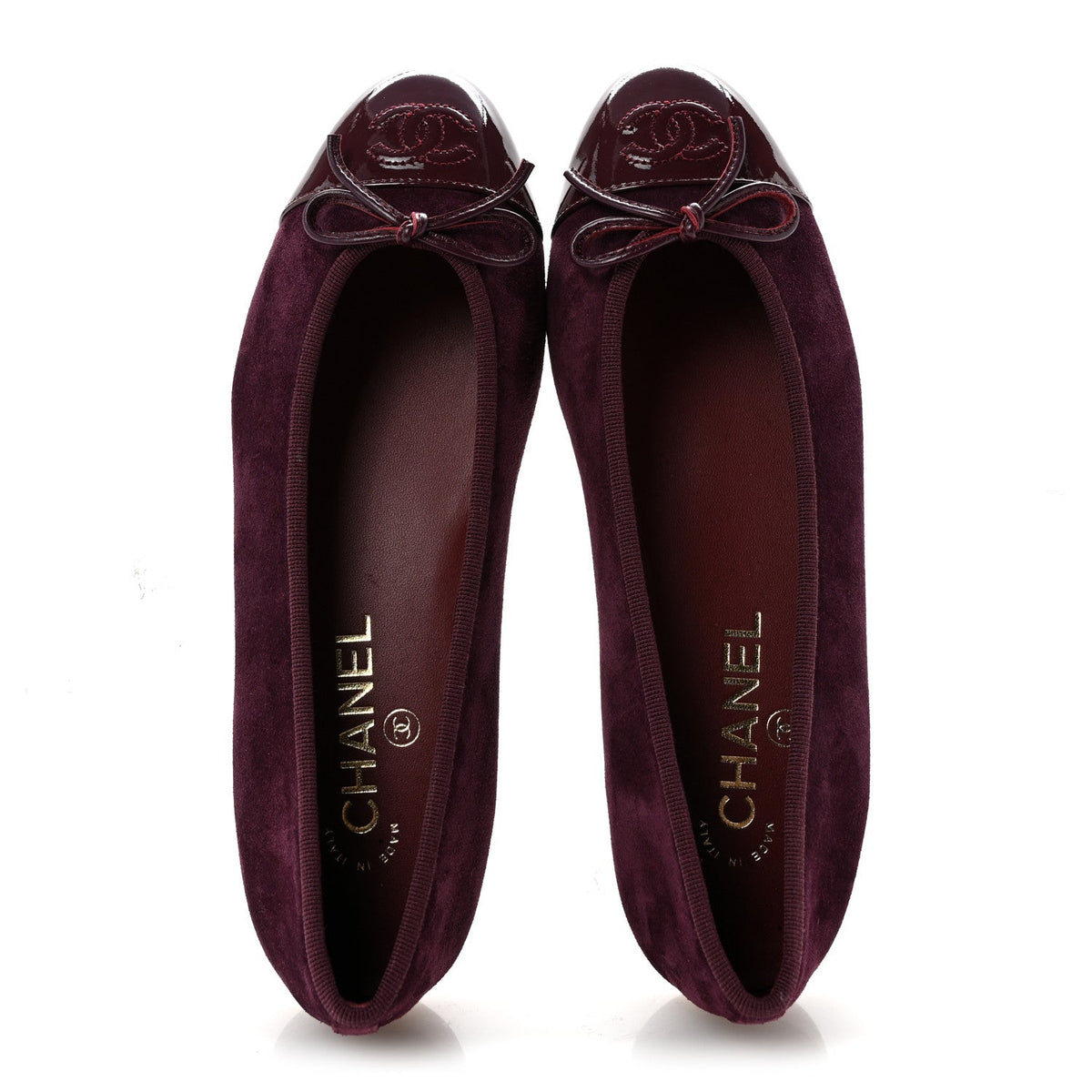 Suede Calfskin Patent Cap Toe CC Ballerina Flats 37 Burgundy