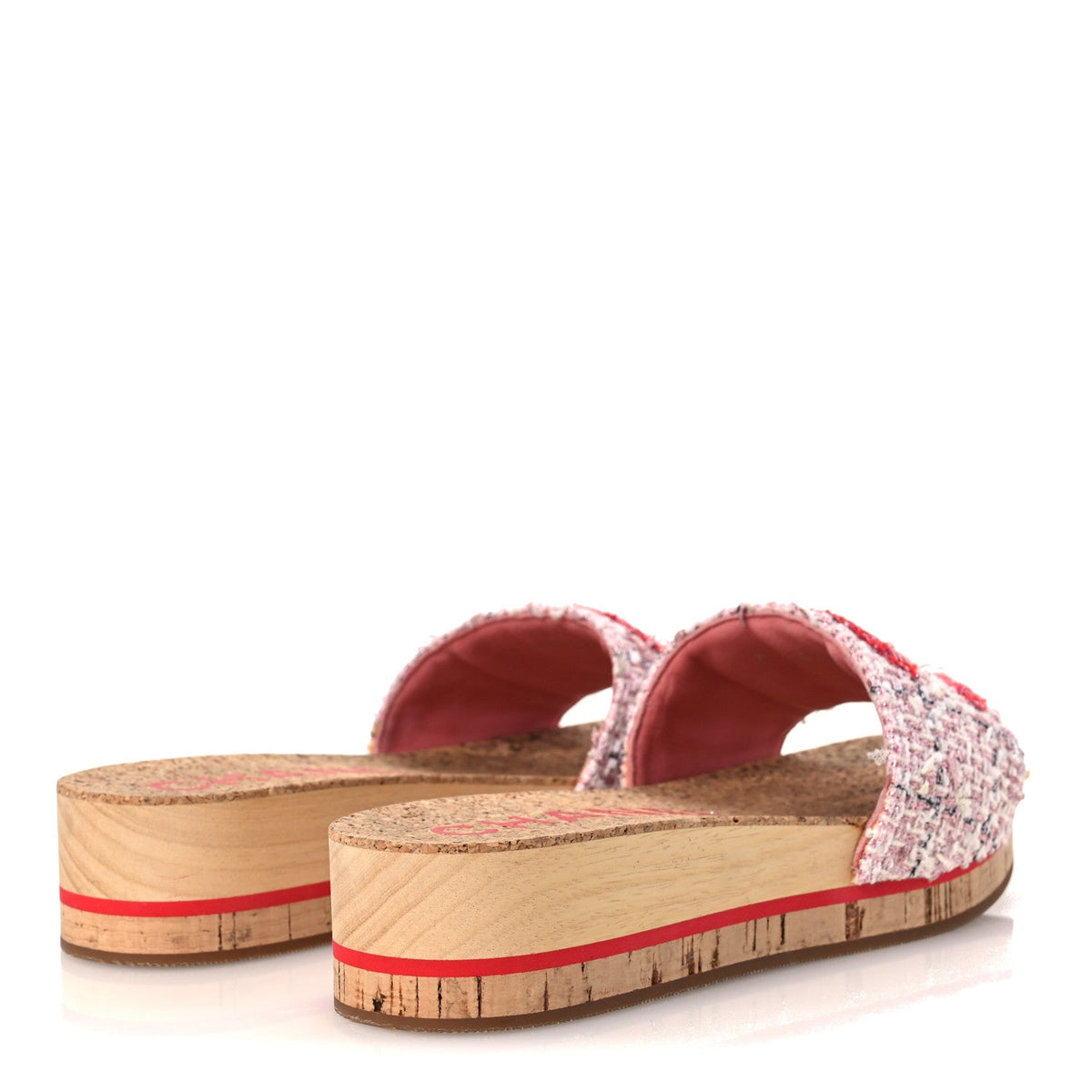 Tweed Lambskin Cork CC Mule Sandals 36 Pink Red