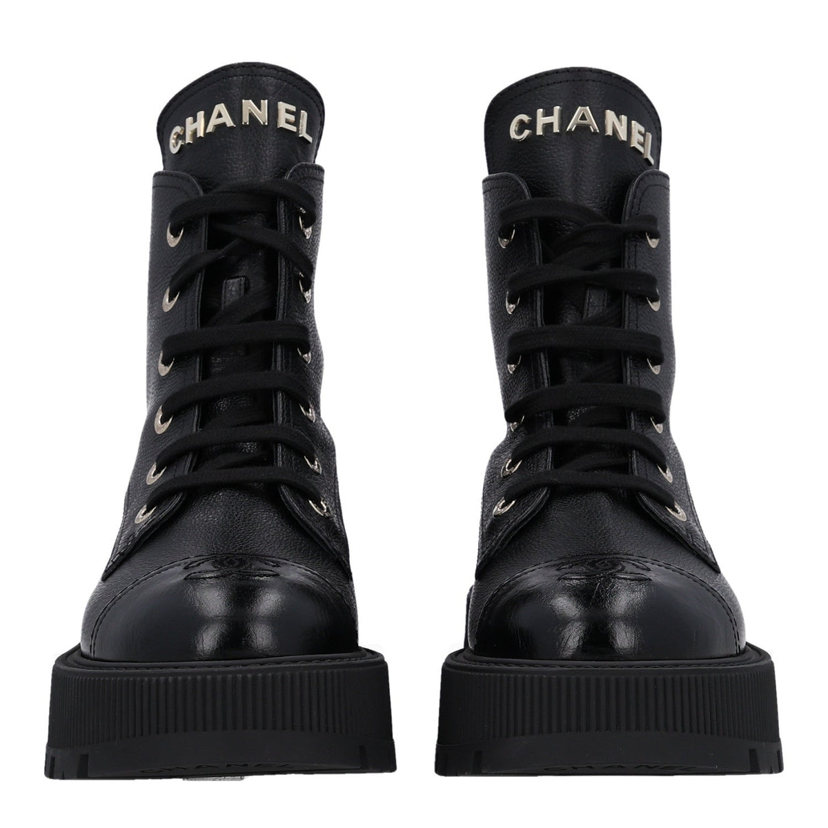 Grained Calfskin Shiny Calfskin CC Lace Up Combat Boots 40.5 Black