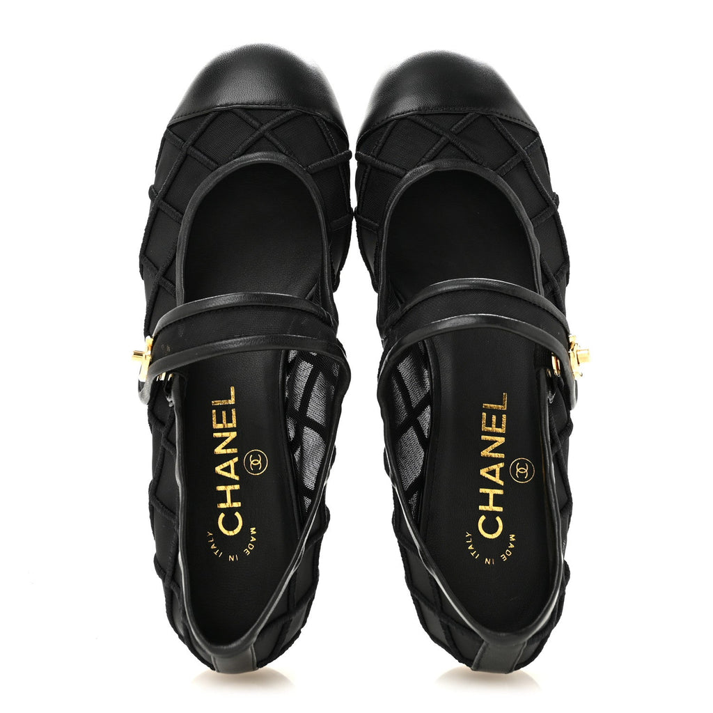 Lambskin Fabric Mesh Quilted Mary Jane Cap Toe Flats 37 Black