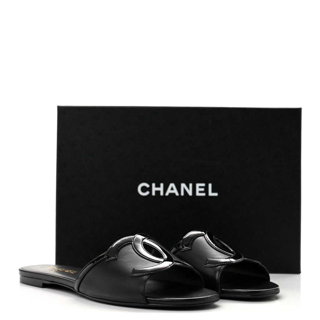 Lambskin Patent Calfskin CC Cutout Mules 40.5 Black