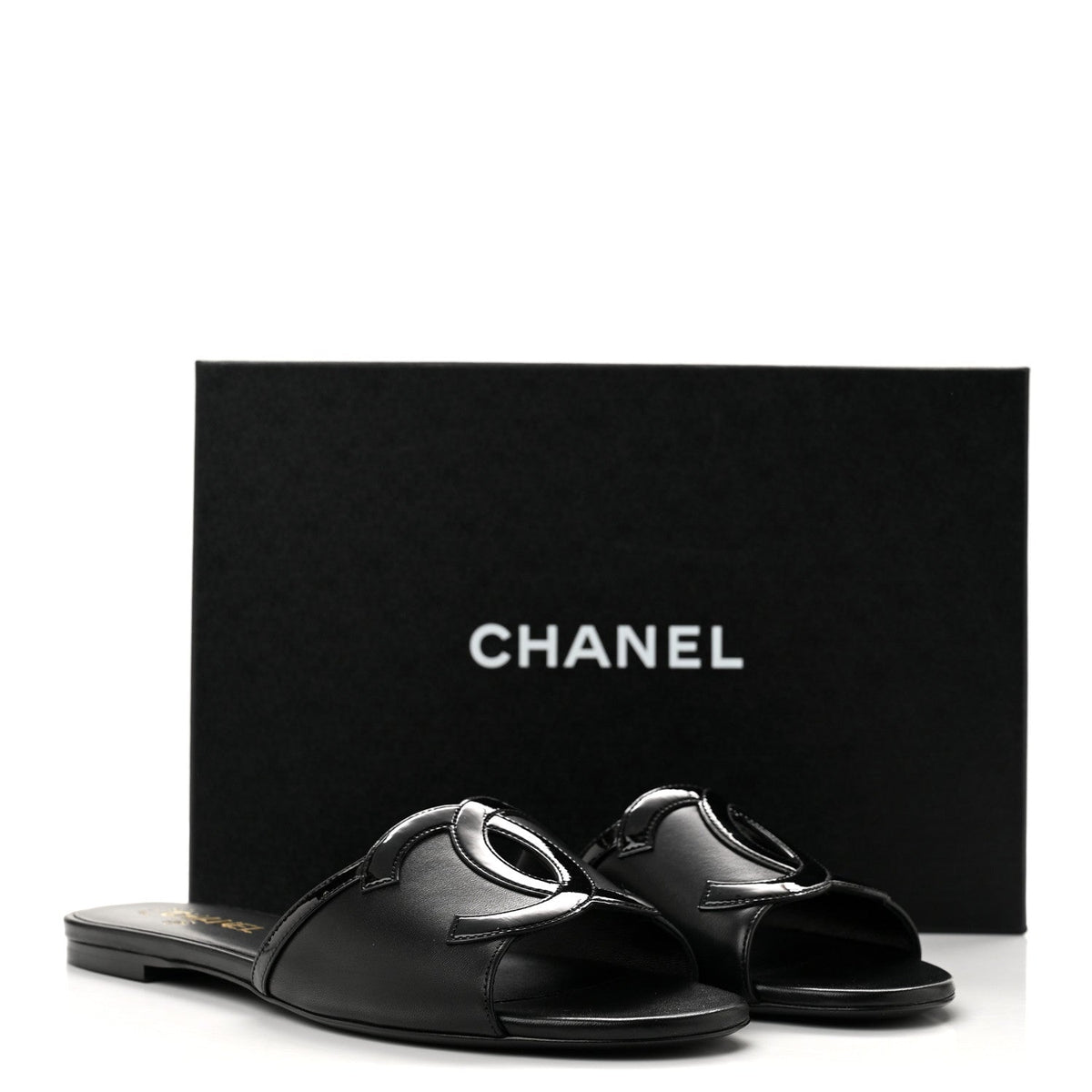Lambskin Patent Calfskin CC Cutout Mules 40.5 Black
