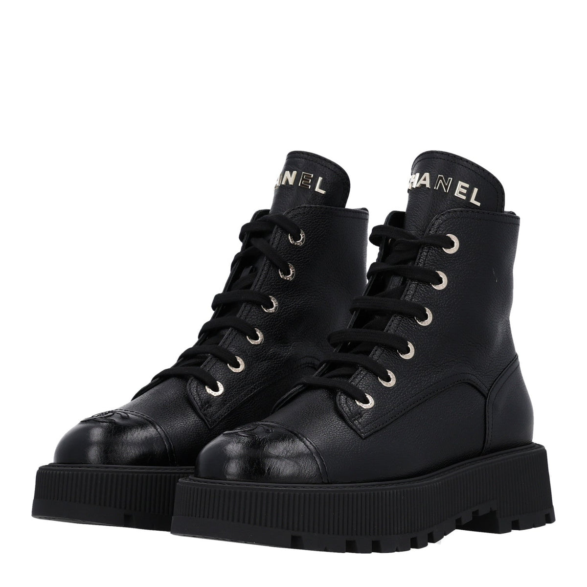 Grained Calfskin Shiny Calfskin CC Lace Up Combat Boots 40.5 Black