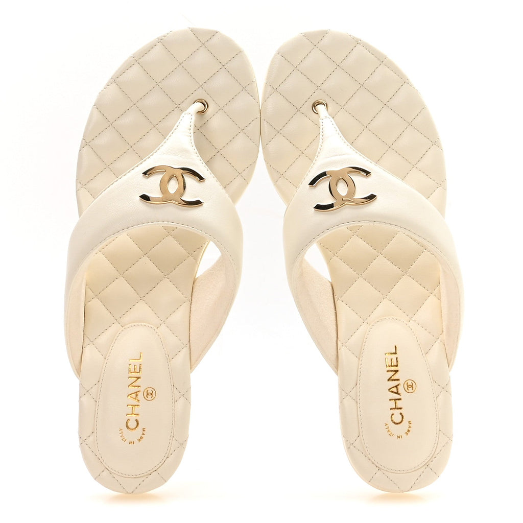 Lambskin Quilted Padded Thong Sandals 39.5 White