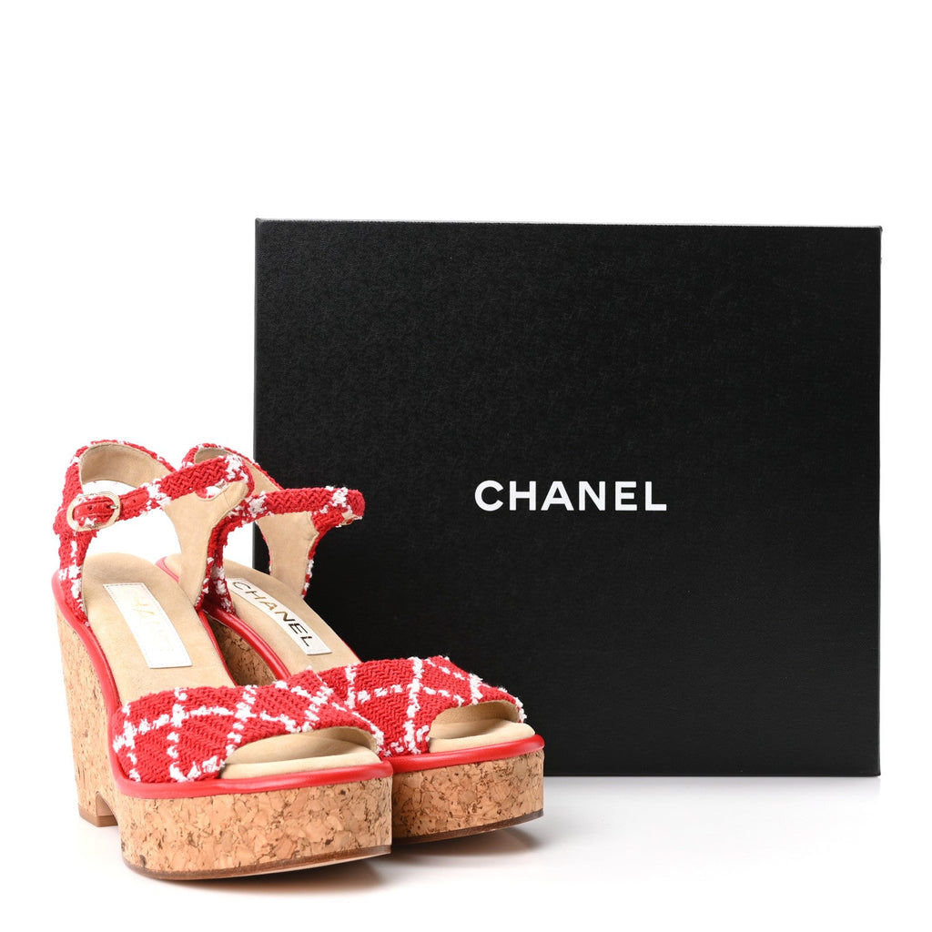 Cotton Tweed Cork CC Wedge Sandals 37 Red White