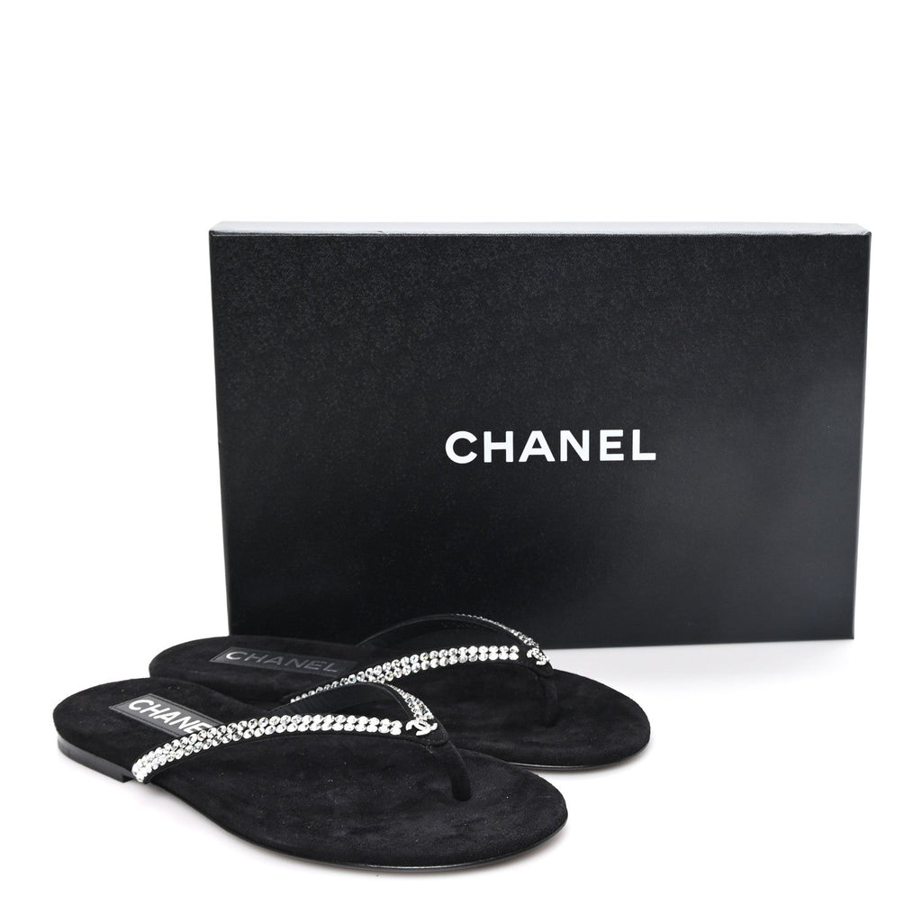 Suede Kidskin Strass CC Thong Sandals 36 Black