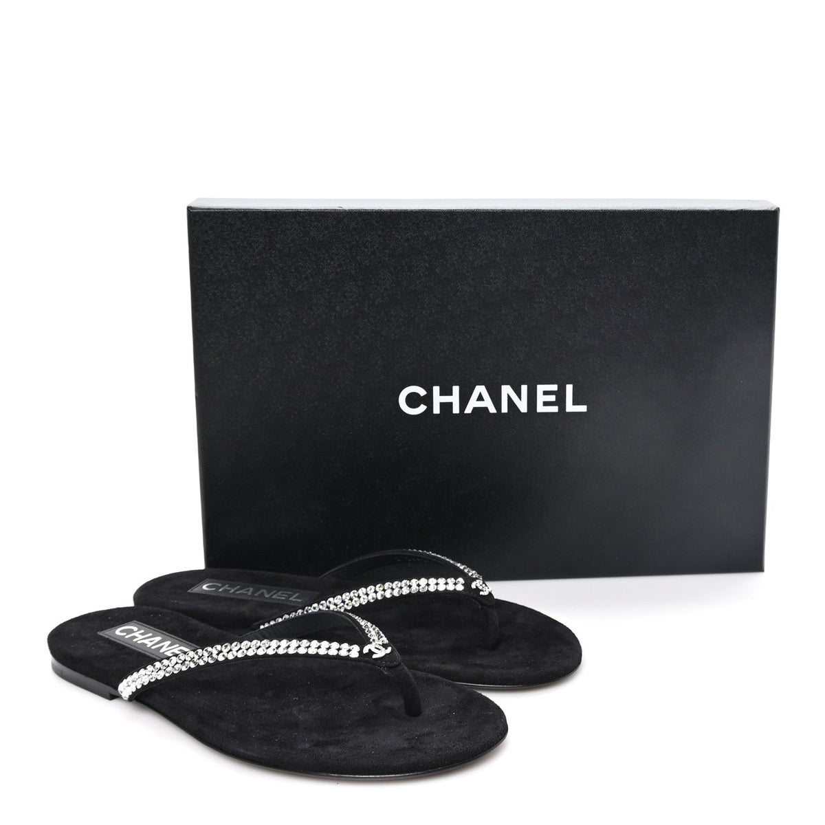 Suede Kidskin Strass CC Thong Sandals 36 Black